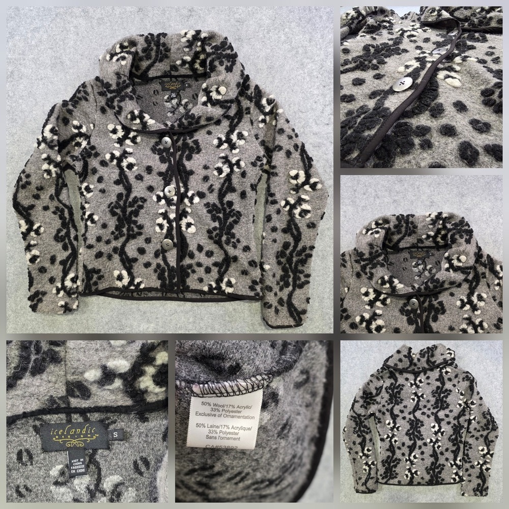 Icelandic Design Sweater Womens Small Gray Wool Floral Cowl Neck Cardigan Knit